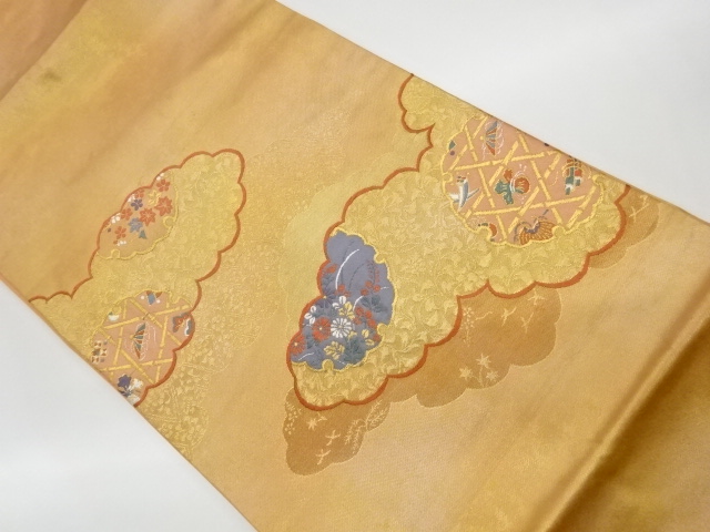 JAPANESE KIMONO / VINTAGE NAGOYA OBI / WOVEN TREASURES & AUTUMN FLOWERS WITH CLOUD